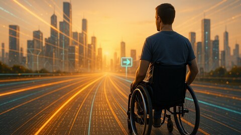 Ein Mann im Rollstuhl blickt bei Sonnenuntergang auf eine futuristische Stadt, während er auf einer digital leuchtenden Straße fährt, die in Richtung der Skyline führt.