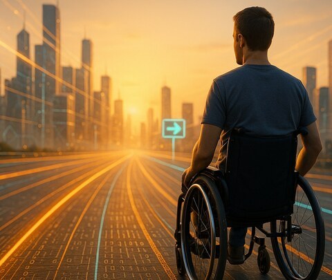 Mit CYBOX barrierefrei auf der Datenautobahn unterwegs Ein Mann im Rollstuhl blickt bei Sonnenuntergang auf eine futuristische Stadt, während er auf einer digital leuchtenden Straße fährt, die in Richtung der Skyline führt.